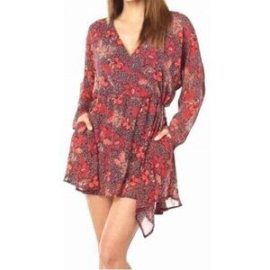 Free People Teegan Multi Color Print Drawstring Waist Long Sleeve Dress Size S